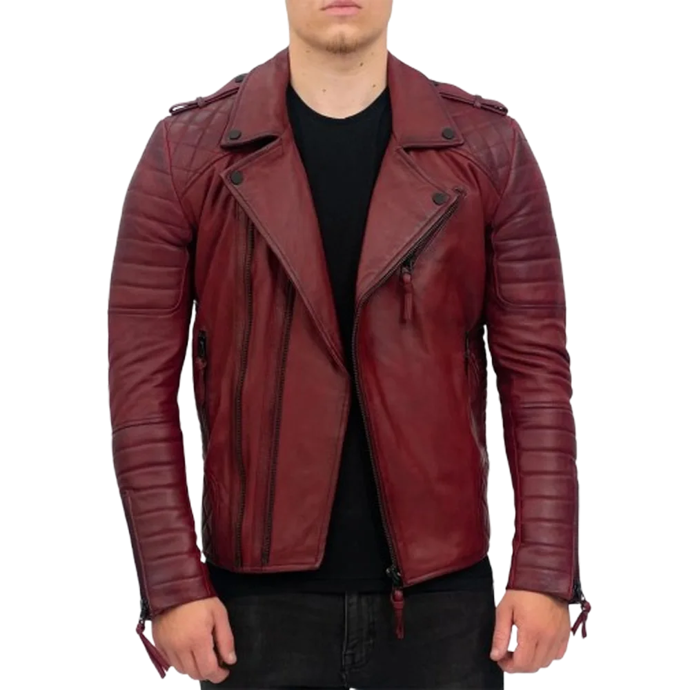Brando Mens Real Lambskin Burgundy Leather Biker Jacket