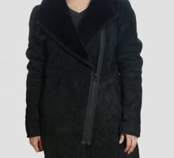 Debra Womens Sheepskin Leather Shearling Black Coat with Belted Collar