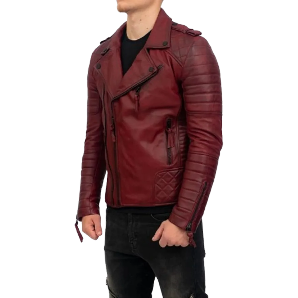 Brando Mens Real Lambskin Burgundy Leather Biker Jacket - Image 2