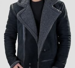 Romba Mens Belted Black Faux Shearling Leather Jacket