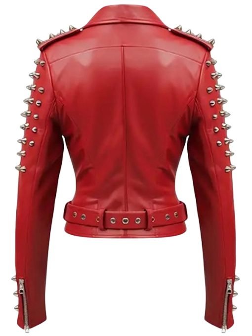 Ladies Red Motorcycle Spikes Leather Jacket - Image 2