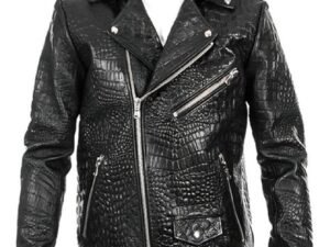 Black Biker Crocodile Skin Leather Jacket