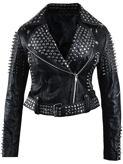 Cropped Leather Jacket with Studs for Women