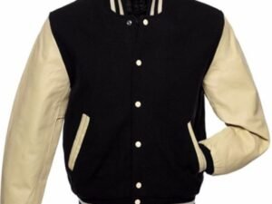 Black and Off White Leather Varsity Jacket For Men