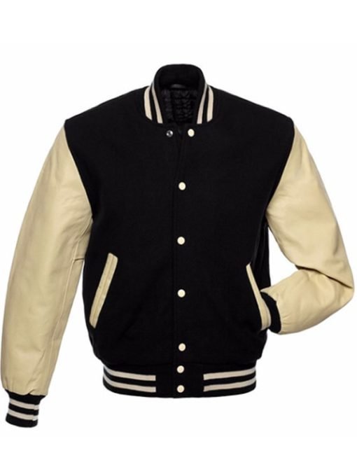 Black and Off White Leather Varsity Jacket For Men