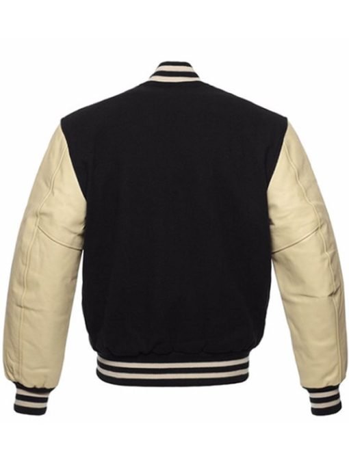 Black and Off White Leather Varsity Jacket For Men - Image 2