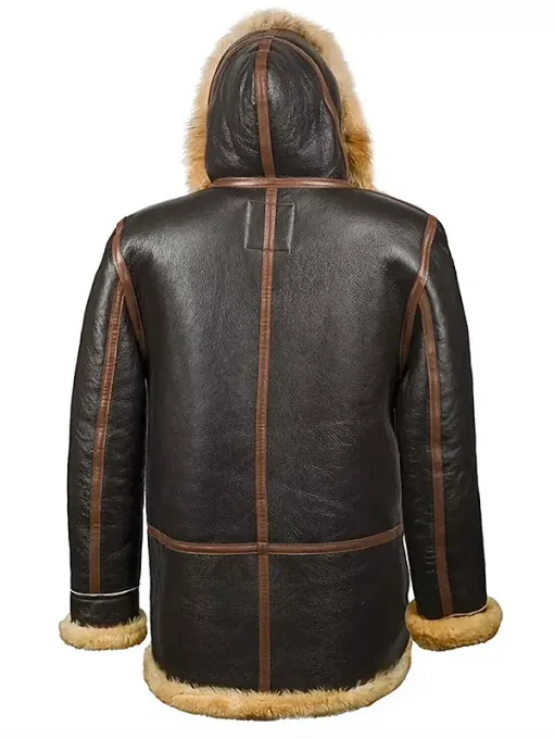 Men Brown Leather Hooded B7 Shearling Jacket - Image 2