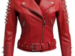 Ladies Red Motorcycle Spikes Leather Jacket
