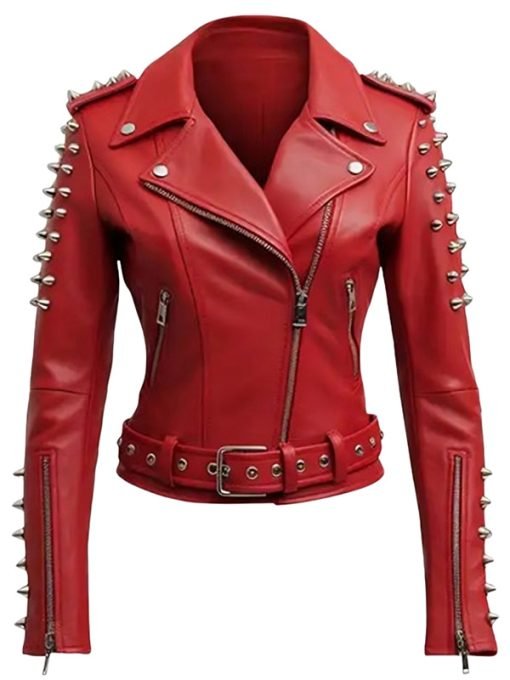 Ladies Red Motorcycle Spikes Leather Jacket