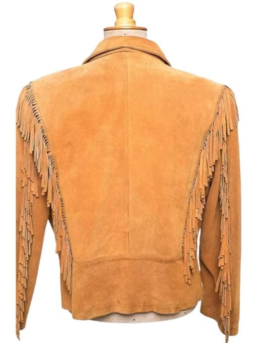 Women Brown Suede Leather Military Fringe Jacket - Image 2