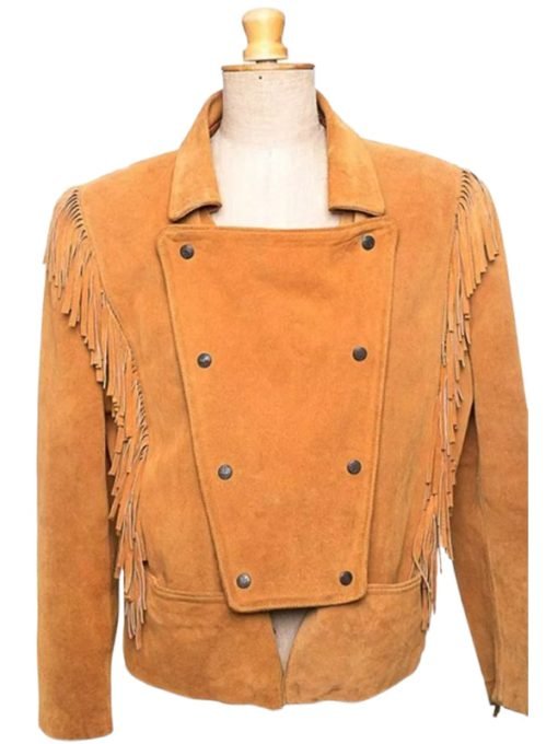 Women Brown Suede Leather Military Fringe Jacket - Image 3