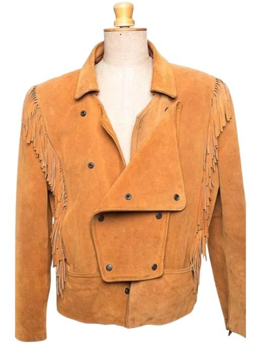 Women Brown Suede Leather Military Fringe Jacket