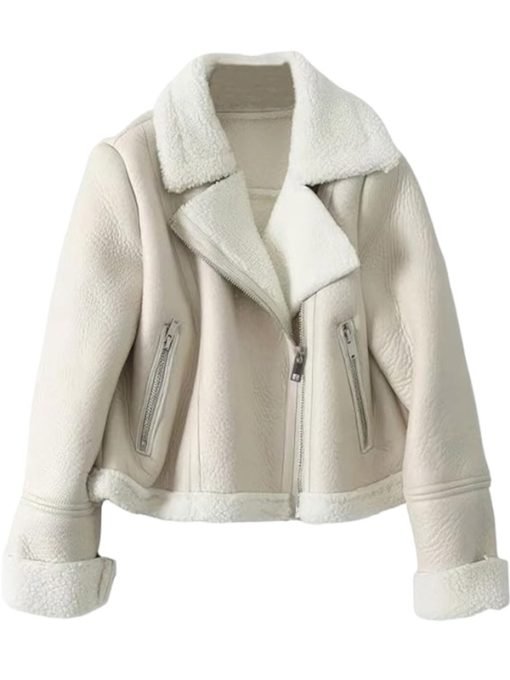 Women Flying Aviator White Shearling Leather Jacket