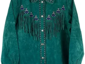 Women Green Suede leather Fringe Western Leather Jacket