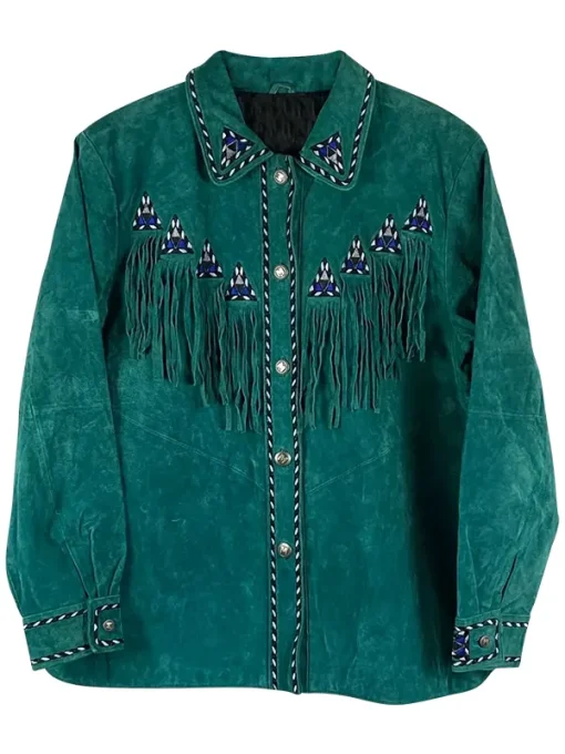 Women Green Suede leather Fringe Western Leather Jacket