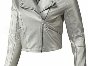 Women Slim Fit Silver Leather Biker Jacket