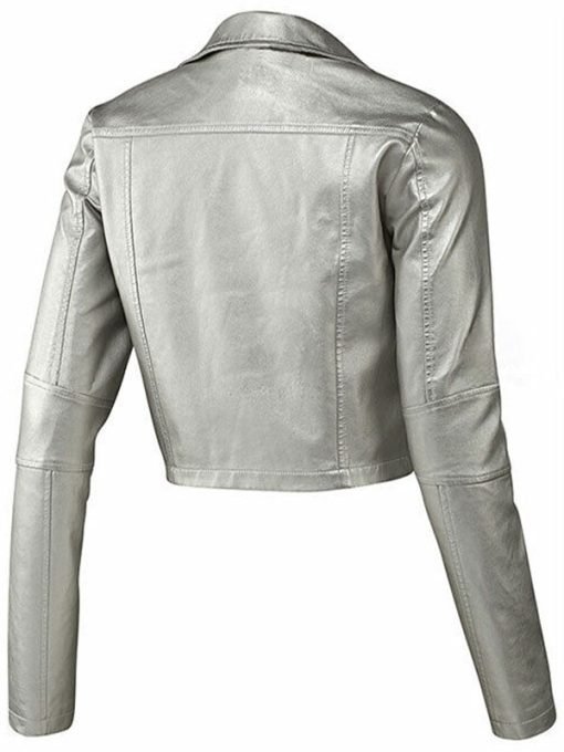 Women Slim Fit Silver Leather Biker Jacket - Image 2