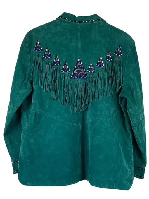 Women Green Suede leather Fringe Western Leather Jacket - Image 2