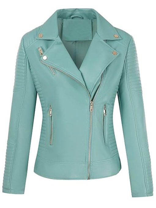 Womens Casual Style Light Blue Biker Jacket