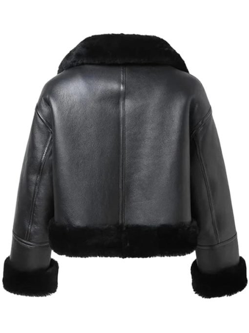 Womens Shearling Black Cropped Aviator Jacket - Image 2