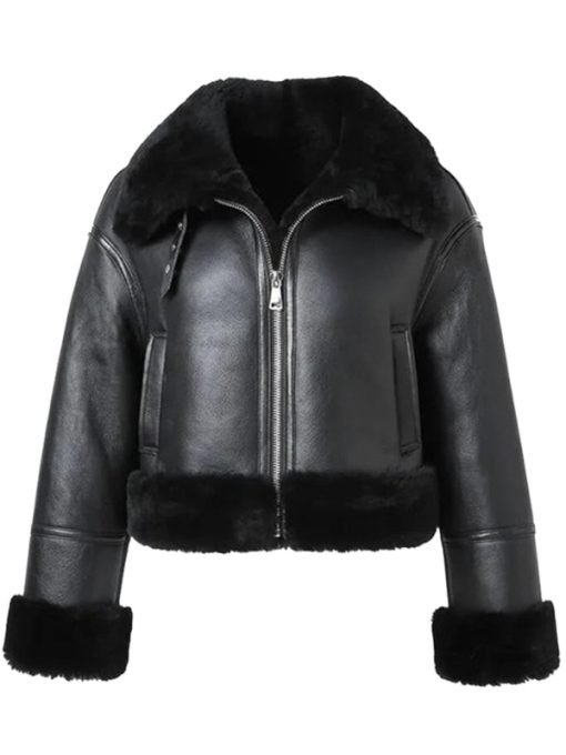 Womens Shearling Black Cropped Aviator Jacket