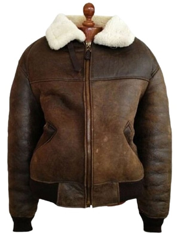 Distressed Brown Shearling Bomber Jacket