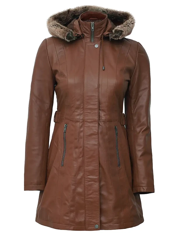 Womens Brown Shearling Hooded Coat