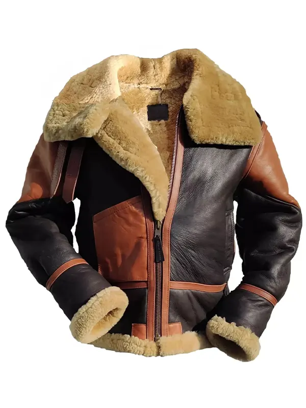 Men Brown and Black Leather Shearling B3 Flight Jacket