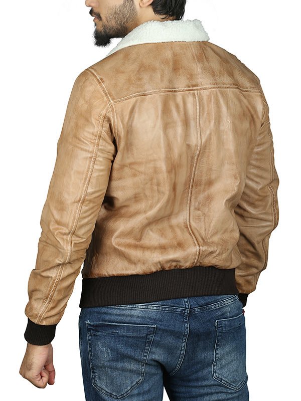 Mens Leather Sherpa Collar Bomber Jacket - Image 4