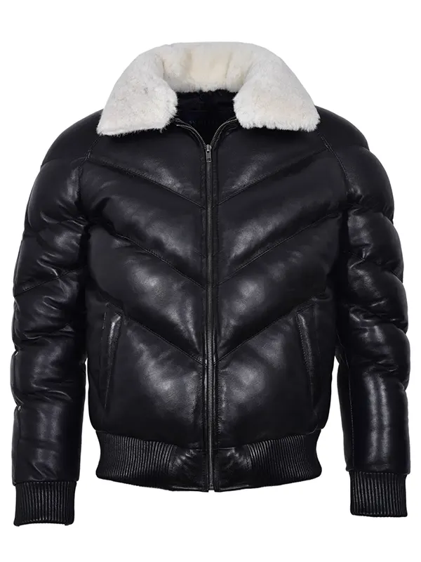Men Stylish Black Bubble Jacket with Fur Collar