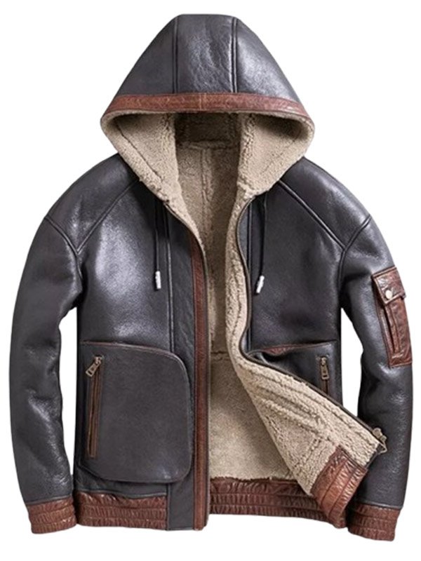 Men Hooded Black and Brown Leather Jacket