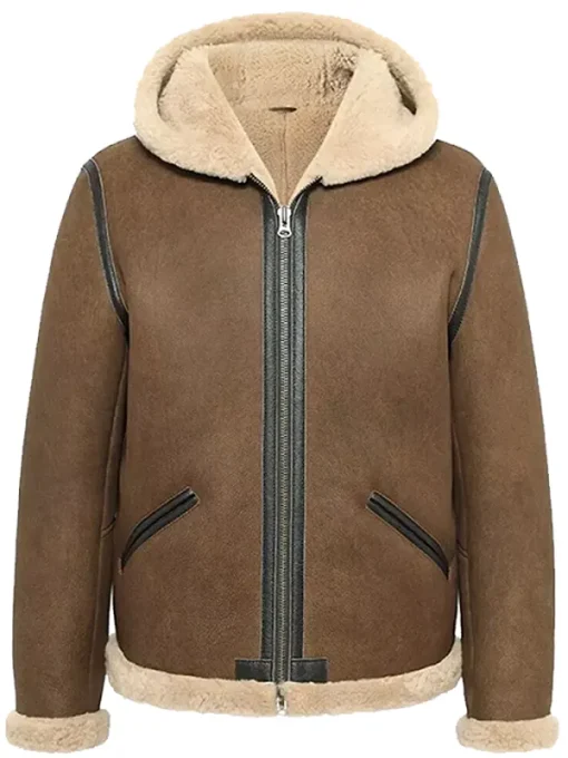 Men Brown Shearling B3 Hooded Bomber Jacket