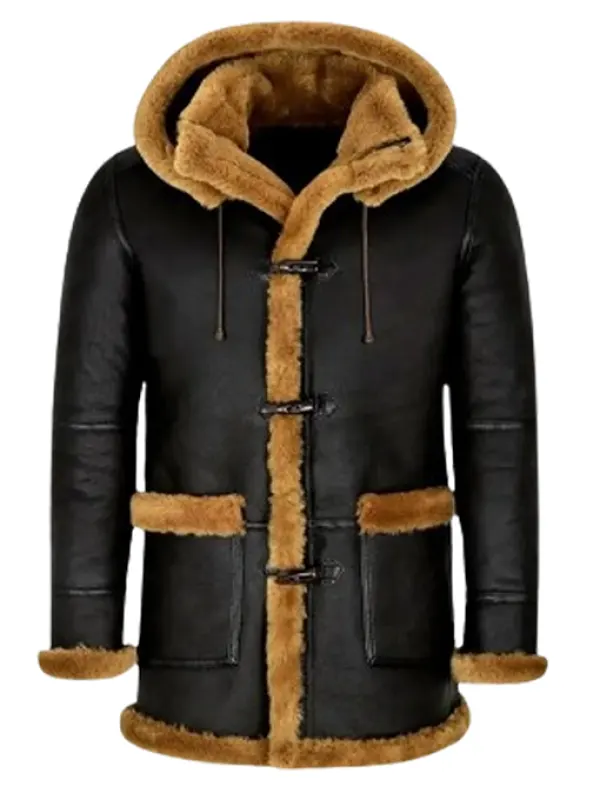 Men Classic Black Leather Shearling Hooded Jacket