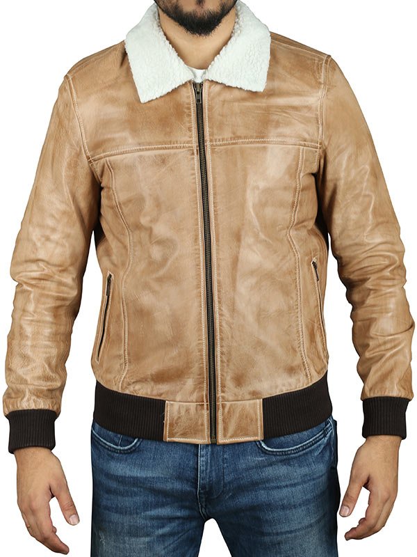 Mens Leather Sherpa Collar Bomber Jacket
