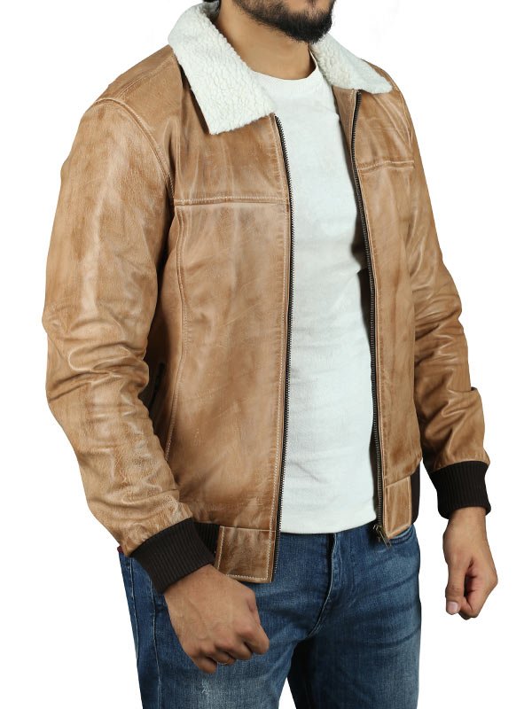 Alternative view of Mens Leather Sherpa Collar Bomber Jacket
