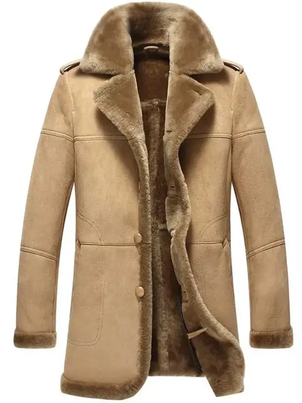 Mens Brown Long Shearling Leather Coat