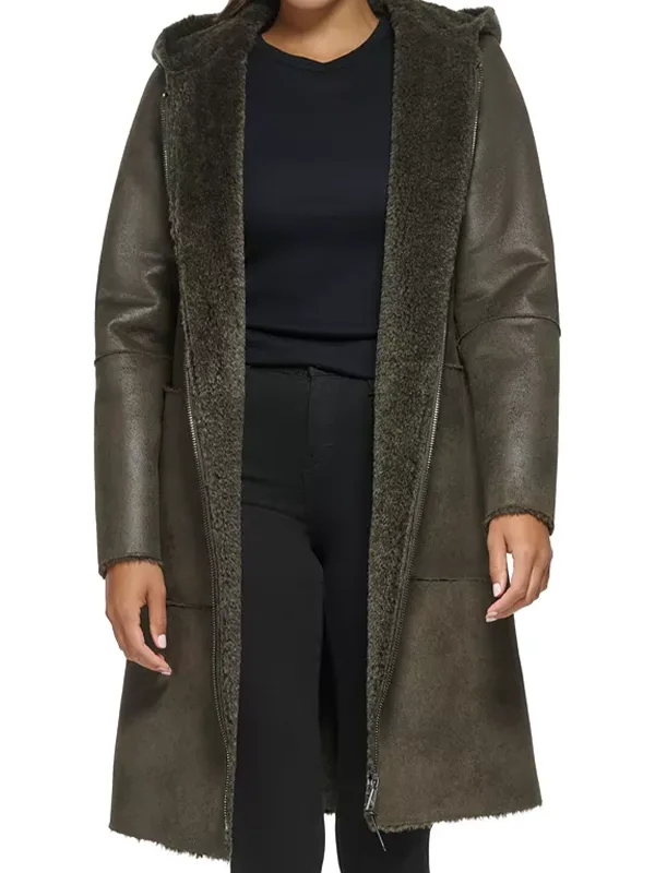 Womens Hooded Faux Shearling Coat